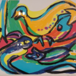 Zeefdruk in lijst, Maya Wildevuur, Vogel vissen, 1992, 36/175